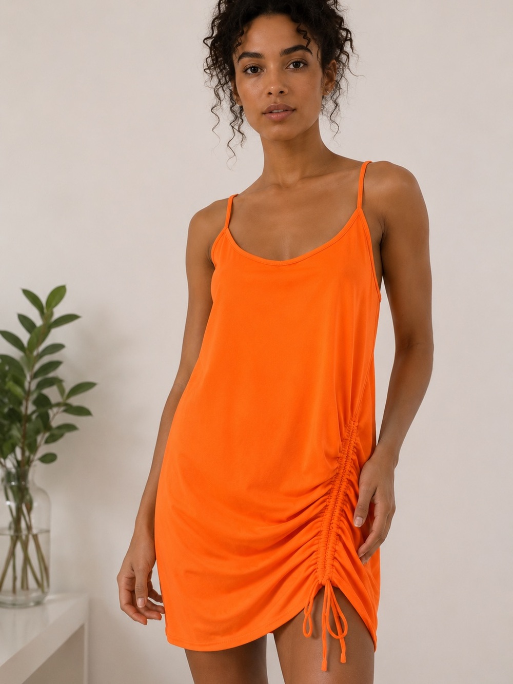 H&M Orange Ruched Drawstring Mini Dress Spaghetti Strap Bodycon Club| Size XL